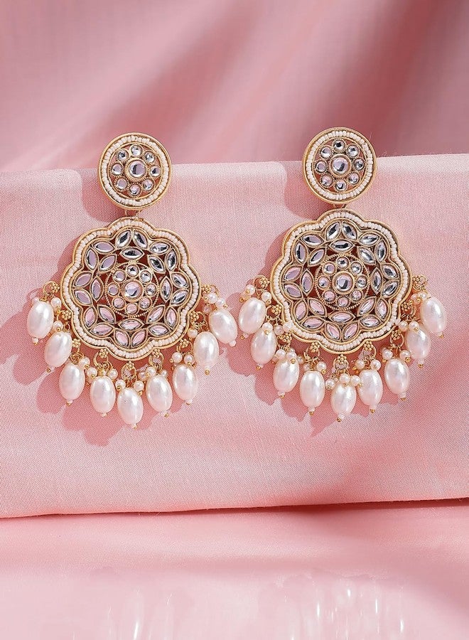 ADIVA 22K Gold-Plated Kundan & Glossy Green Pearls & Stone Studded Meenakari Designer Chandbali Earrings Set for women, Traditional Stylish Jhumka for Girls Party, Wedding, Festive - Image 3