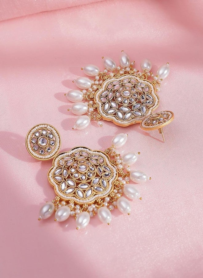 ADIVA 22K Gold-Plated Kundan & Glossy Green Pearls & Stone Studded Meenakari Designer Chandbali Earrings Set for women, Traditional Stylish Jhumka for Girls Party, Wedding, Festive - Image 5