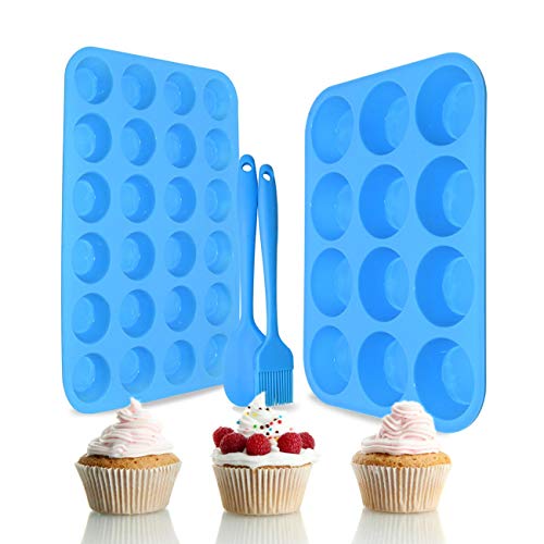 Helpcook Silicone Muffin Pan Cupcake Set, Non-Stick Regular 12 Cups and Mini 24 Cups,Silicone Baking Molds,BPA Free Muffin Tin with 1 Silicone Spatula & 1 Oil Brush (Red) - Image 1