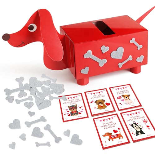 Gloween Valentines Day Boxes and Cards for Kids Classroom School Exchange, Great Party Favors Valentines Gifts for Boys Girls - 1 DIY Puppy Box, 32 Valentine Cards, 1 Teacher Card - Image 1