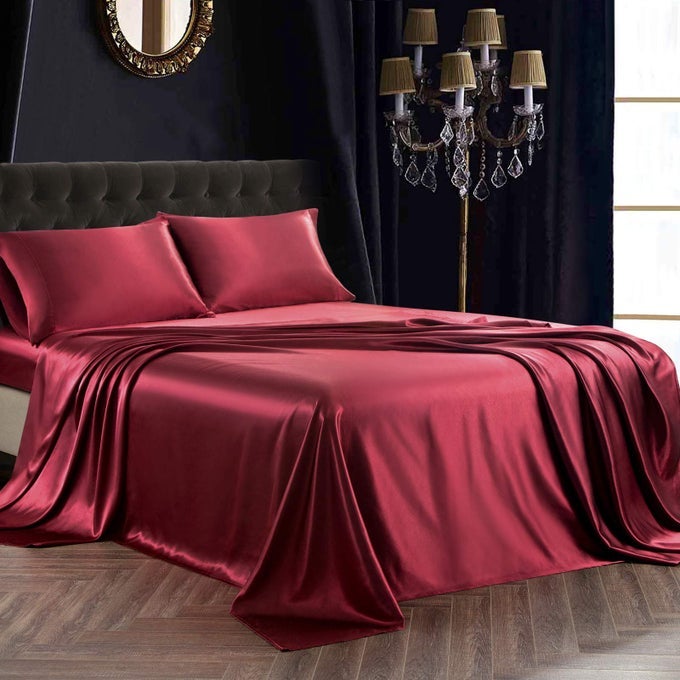 4PCS SATIN SHEET SET FULL SIZE ULTRA SILKY SOFT BURGUNDY SATIN FULL BED SHEETS WITH DEEP POCKET 1 FITTED SHEET 1 FLAT SHEET 2 ENVELOPE CLOSURE PILLOWCASES
