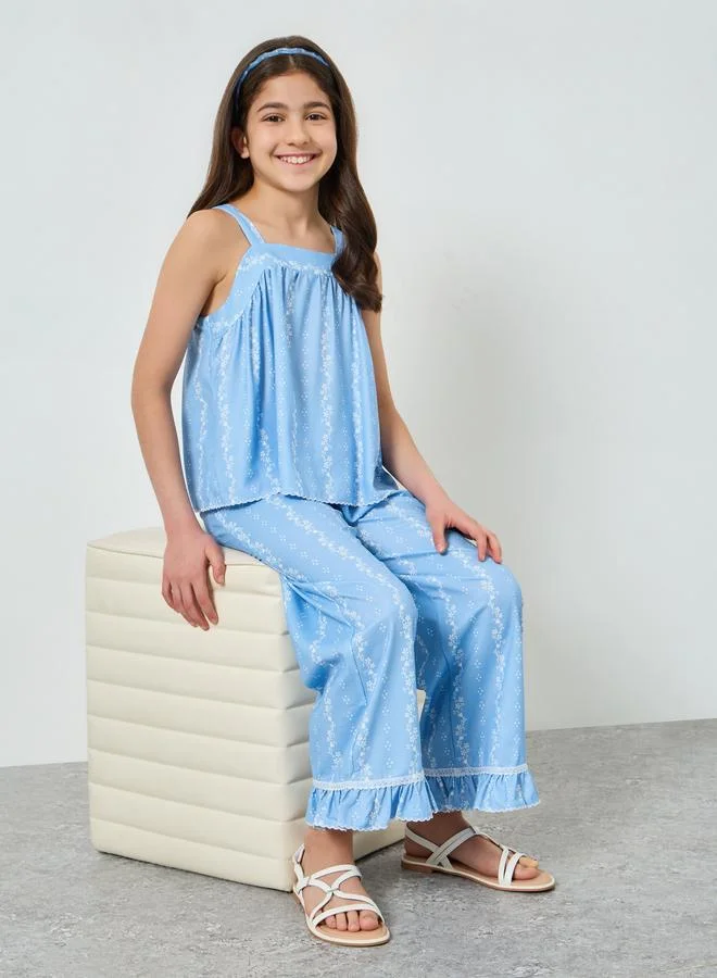 Styli Girls All-Over print Chambray Top and Pants Set