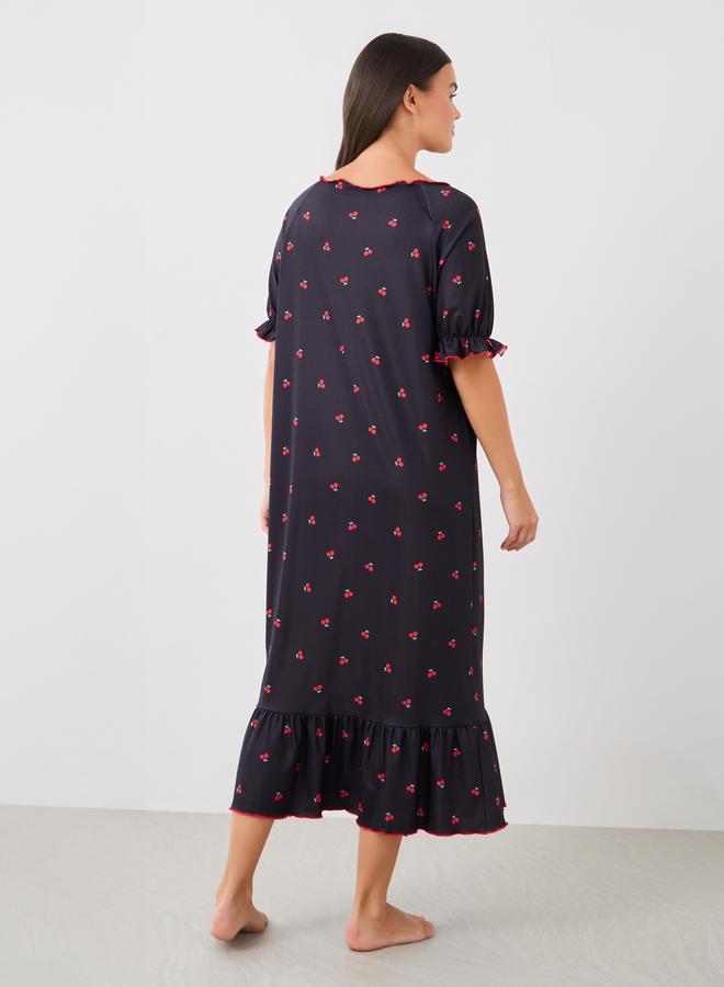 Styli Styli Cherry Print Ruffle Edge Sleeves Nightdress with Gathered Neck  - Image 5