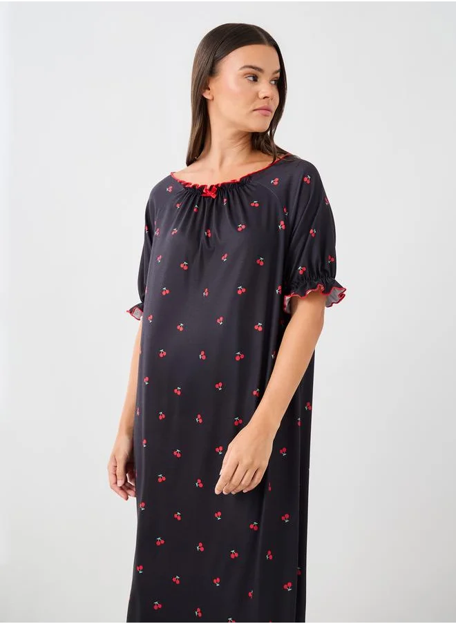 ستايلي Styli Cherry Print Ruffle Edge Sleeves Nightdress with Gathered Neck
