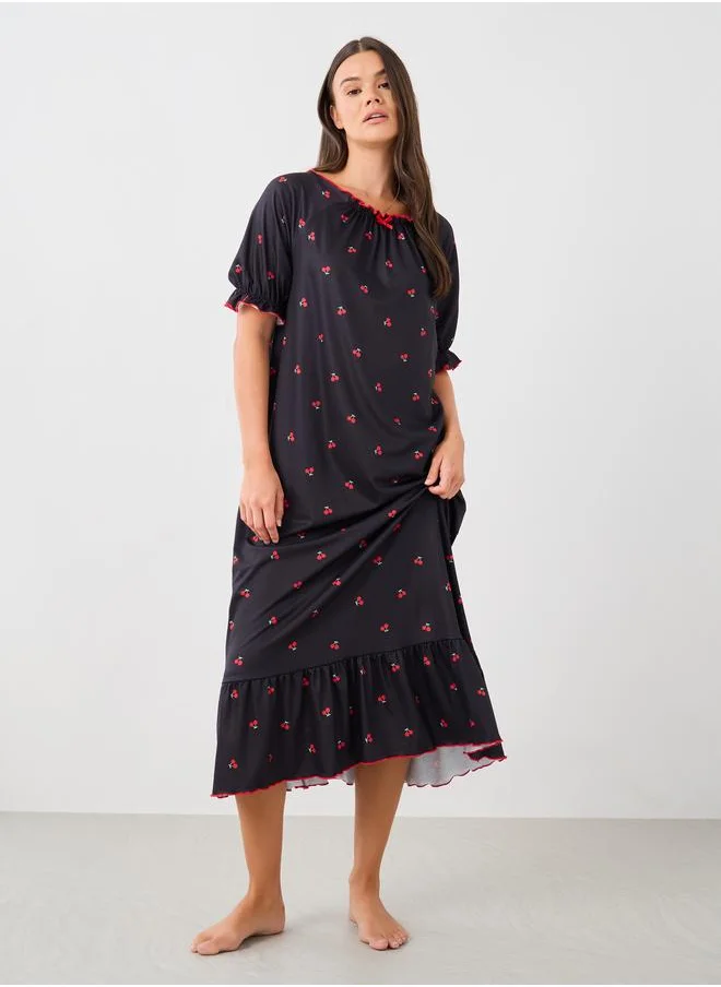 ستايلي Styli Cherry Print Ruffle Edge Sleeves Nightdress with Gathered Neck