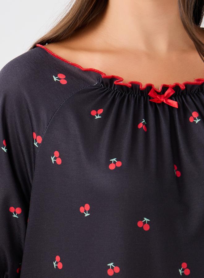 Styli Styli Cherry Print Ruffle Edge Sleeves Nightdress with Gathered Neck  - Image 3