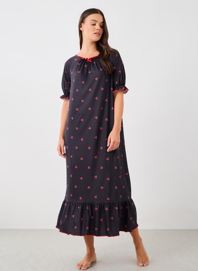 Styli Styli Cherry Print Ruffle Edge Sleeves Nightdress with Gathered Neck  - Image 4