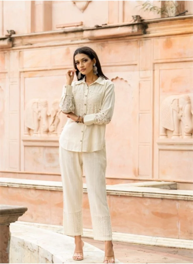#بي Off-White Embroidered Co-Ord Set