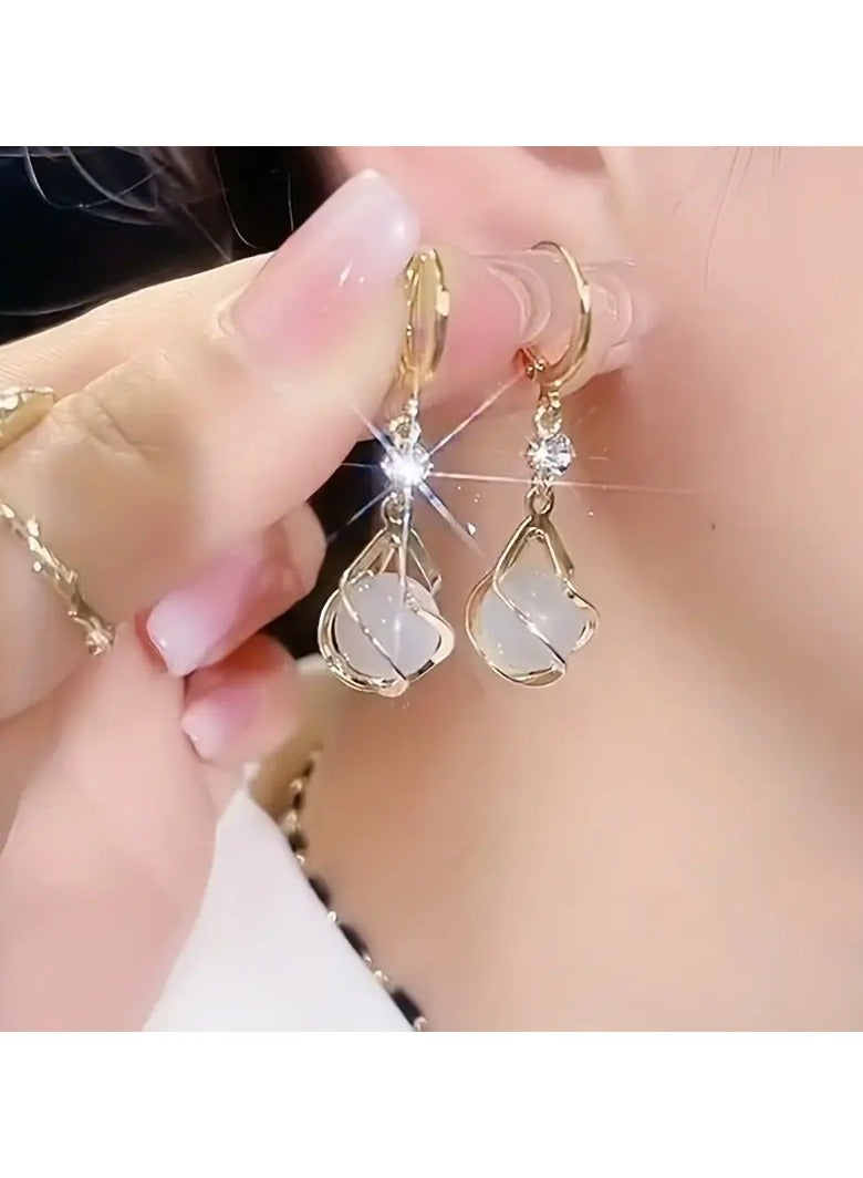 Goolsky Moonstone Bead Shiny Rhinestone Decor Dangle Earrings Elegant Simple Style Copper Jewelry Delicate Female Gift - Image 1