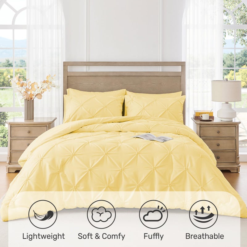 UNIKOME King Size Comforter Set Yellow - Ultra Soft Boho Pintuck Down Alternative Bedding Set for All Seasons, 3 Pieces Lightweight Warm Pinch Pleat Bed Set with Comforter, 2 Pillowcases - Image 2