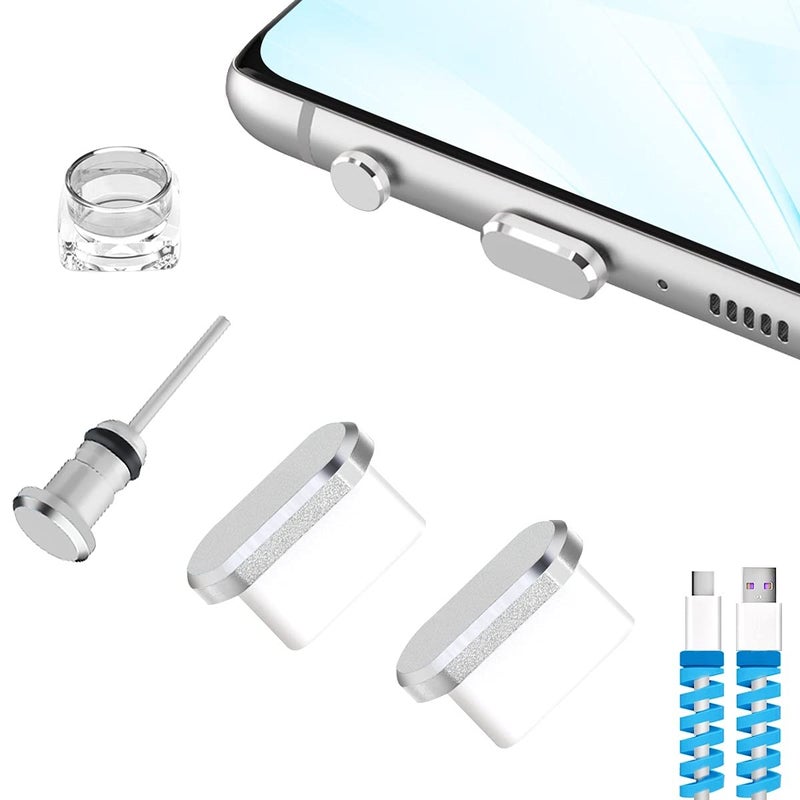 Careflection USB C Cover Cap Anti Dust Plug, Cell Phone Type C Charging Port and Earphone Jack Cap Dirt Protector, Compatible with Samsung Galaxy S21 Pixel OnePlus Laptop MacBook Pro Android Silver 2 PCS - Image 1