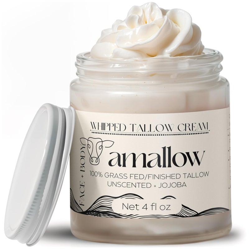 Amallow 100% Grass Fed Beef Tallow for Skin Care - Face + Body - Whipped Moisturizer for Sensitive Skin - Natural Lotion, 4 FL. oz. (Unscented + Jojoba Oil) - Image 1