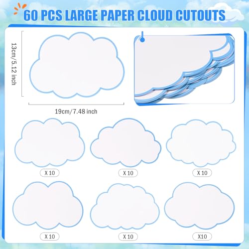 FOBSME 60 Pcs Large Clouds Cutouts 7.48x5.12 Inch Paper Cloud Die-Cuts Accents White Clouds Cutouts Accents for Bulletin Board, Classroom, Cork Board, White Board, Nursery, Baby Shower Party Decor - Image 2