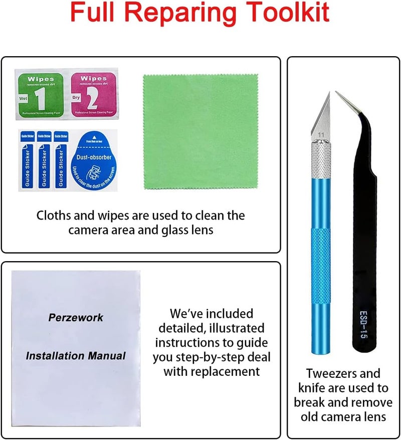 Perzework 2 Set Back Rear Camera Lens Glass Replacement for Google Pixel 7 with pre-Installed Adhesive and Reparing Toolkit - Image 5