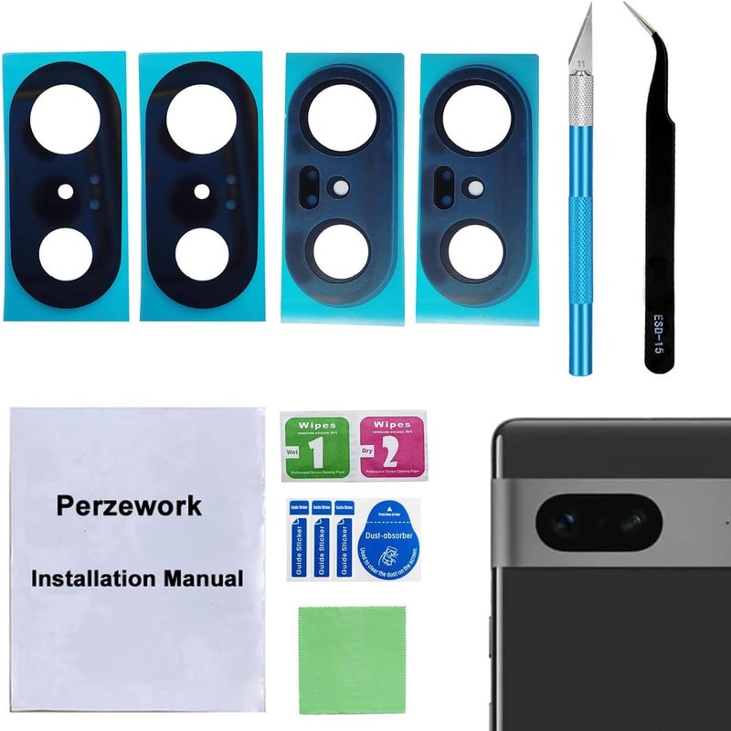 Perzework 2 Set Back Rear Camera Lens Glass Replacement for Google Pixel 7 with pre-Installed Adhesive and Reparing Toolkit - Image 1