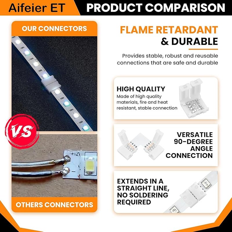 Aifeier ET 42Pcs 4-Pin LED Strip Connector Kit with 6 L-Shape, 6 T-Shape LED Light Extension and 30 Solderless LED Connectors Clips for 5050 8 mm Wide RGB LED Strips（8mm 4Pin) - Image 3