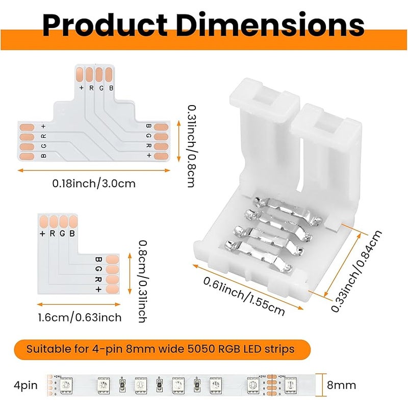 Aifeier ET 42Pcs 4-Pin LED Strip Connector Kit with 6 L-Shape, 6 T-Shape LED Light Extension and 30 Solderless LED Connectors Clips for 5050 8 mm Wide RGB LED Strips（8mm 4Pin) - Image 2