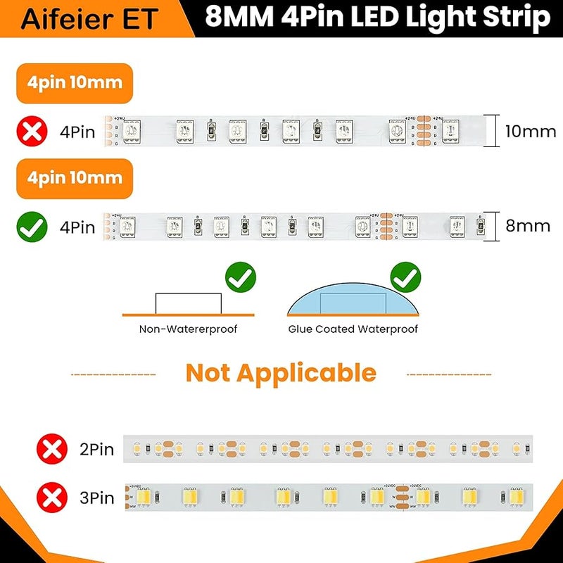 Aifeier ET 42Pcs 4-Pin LED Strip Connector Kit with 6 L-Shape, 6 T-Shape LED Light Extension and 30 Solderless LED Connectors Clips for 5050 8 mm Wide RGB LED Strips（8mm 4Pin) - Image 4