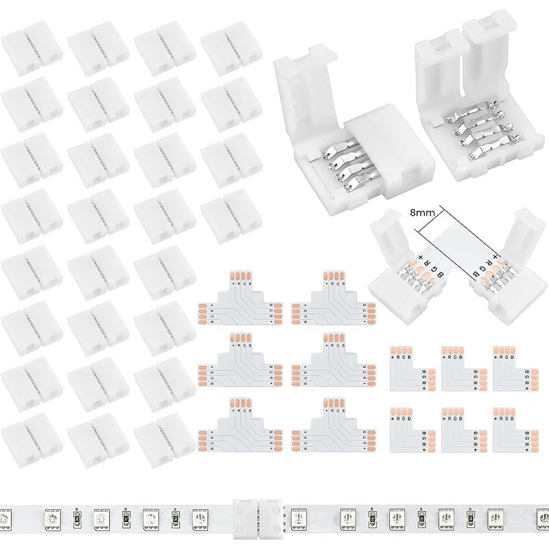 Aifeier ET 42Pcs 4-Pin LED Strip Connector Kit with 6 L-Shape, 6 T-Shape LED Light Extension and 30 Solderless LED Connectors Clips for 5050 8 mm Wide RGB LED Strips（8mm 4Pin) - Image 1
