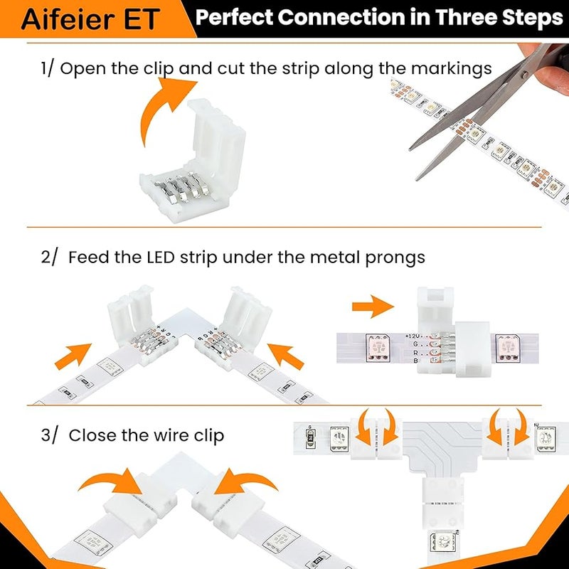 Aifeier ET 42Pcs 4-Pin LED Strip Connector Kit with 6 L-Shape, 6 T-Shape LED Light Extension and 30 Solderless LED Connectors Clips for 5050 8 mm Wide RGB LED Strips（8mm 4Pin) - Image 5