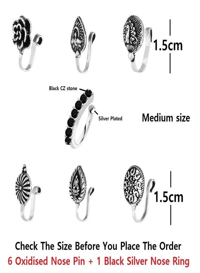 THANUS CRAFT THANU'S CRAFT Oxidized jewellery silver nose pin stud Non piercing Clip on Oxidised Black Metal nose ring for Girls & Ladies - Image 3