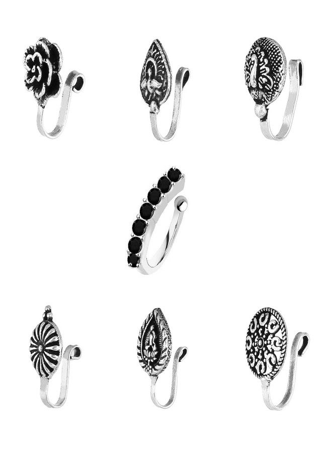 THANUS CRAFT THANU'S CRAFT Oxidized jewellery silver nose pin stud Non piercing Clip on Oxidised Black Metal nose ring for Girls & Ladies - Image 1
