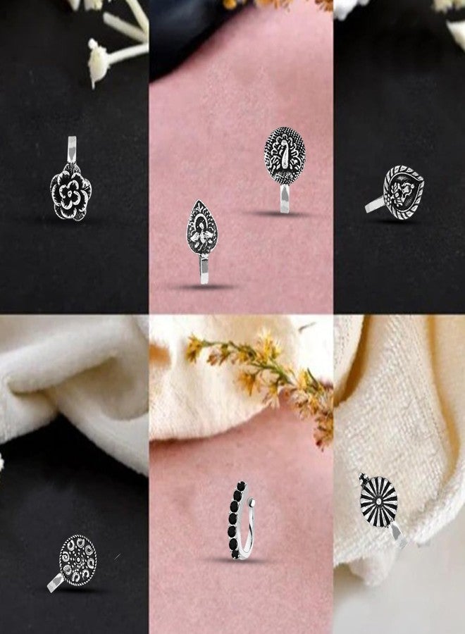 THANUS CRAFT THANU'S CRAFT Oxidized jewellery silver nose pin stud Non piercing Clip on Oxidised Black Metal nose ring for Girls & Ladies - Image 4