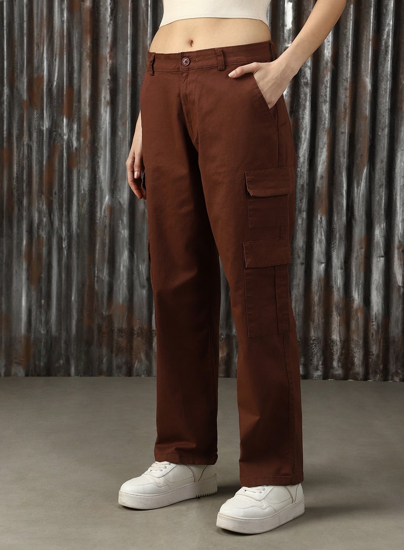 HIGH STAR Women's Brown Cotton Blend Solid Full Length Cargo Trouser  - Image 3