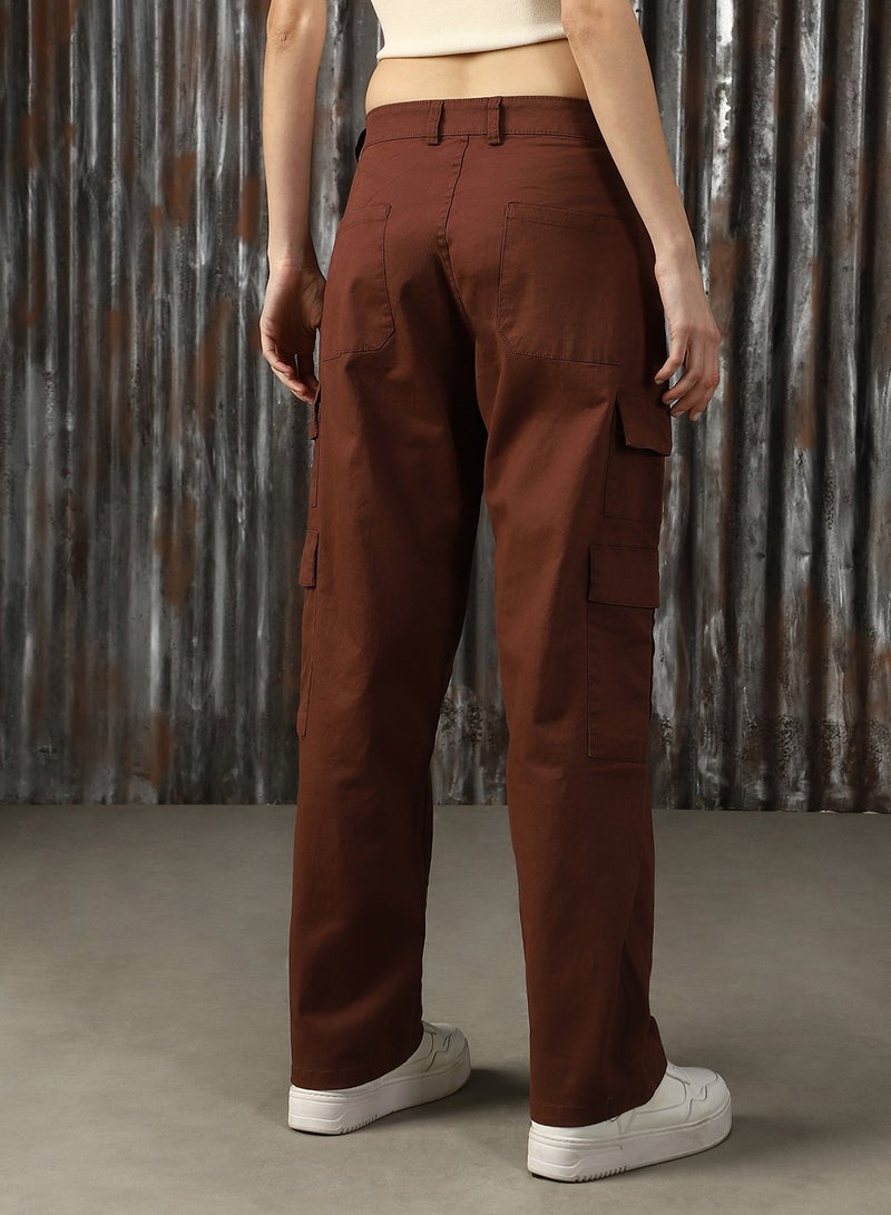 HIGH STAR Women's Brown Cotton Blend Solid Full Length Cargo Trouser  - Image 4