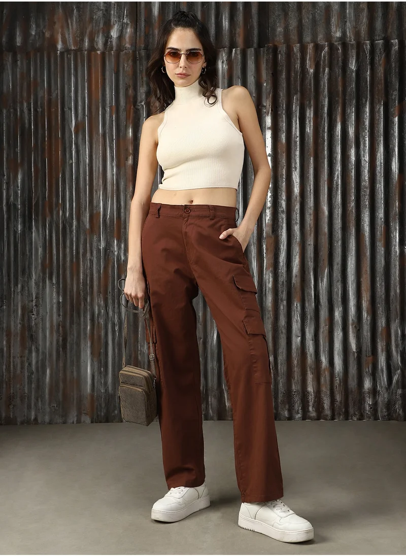 HIGH STAR Women's Brown Cotton Blend Solid Full Length Cargo Trouser