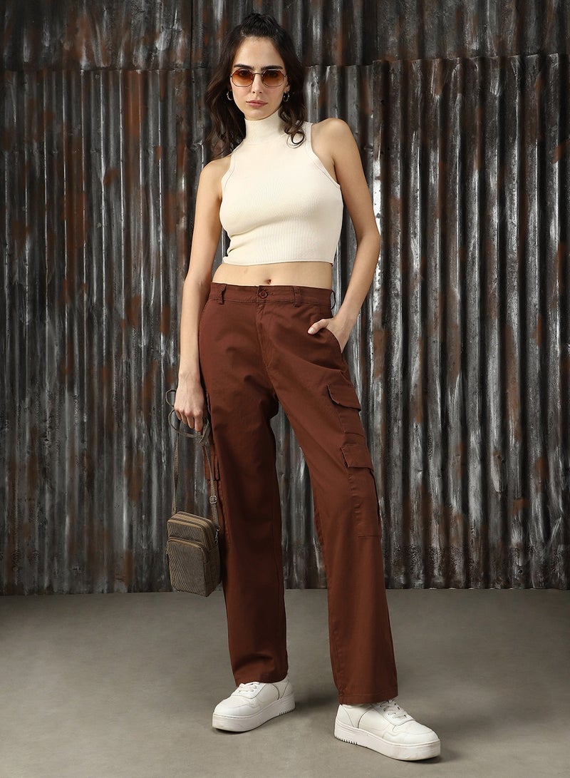 HIGH STAR Women's Brown Cotton Blend Solid Full Length Cargo Trouser  - Image 1