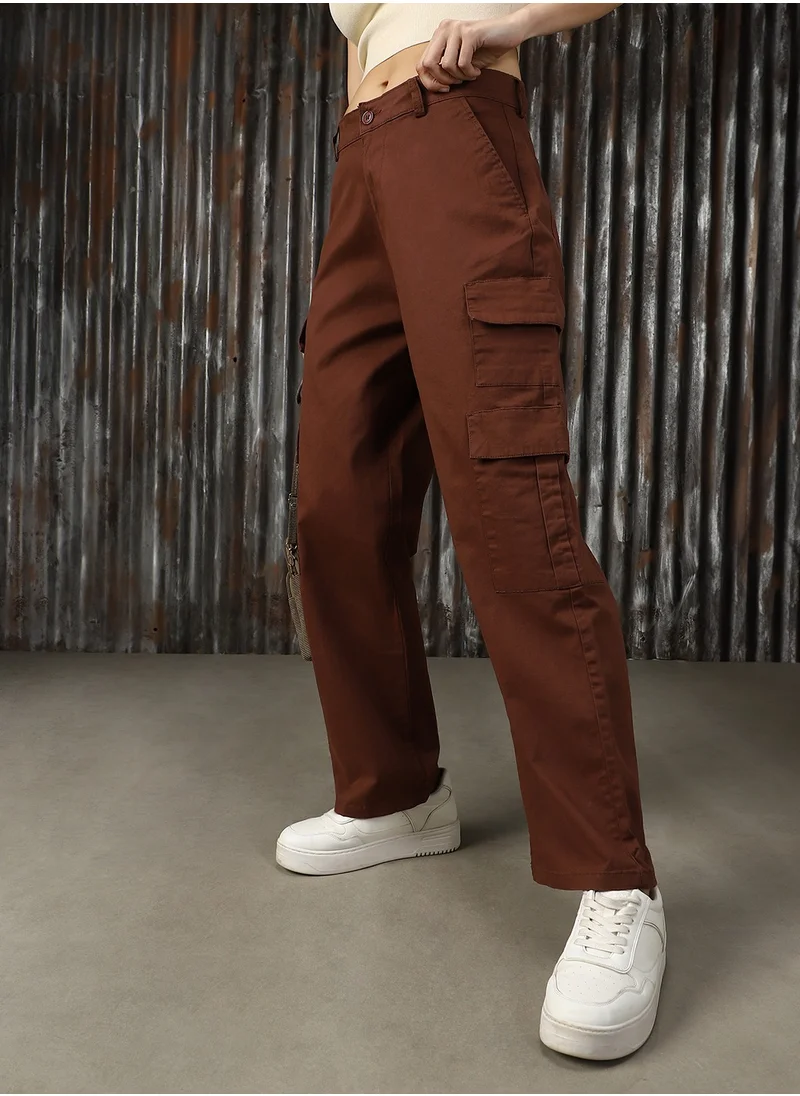 HIGH STAR Women's Brown Cotton Blend Solid Full Length Cargo Trouser