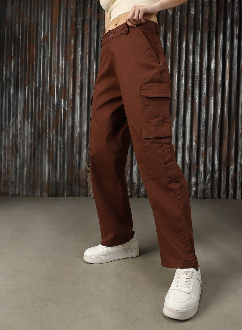 HIGH STAR Women's Brown Cotton Blend Solid Full Length Cargo Trouser  - Image 2