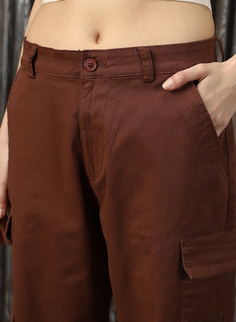 HIGH STAR Women's Brown Cotton Blend Solid Full Length Cargo Trouser  - Image 5
