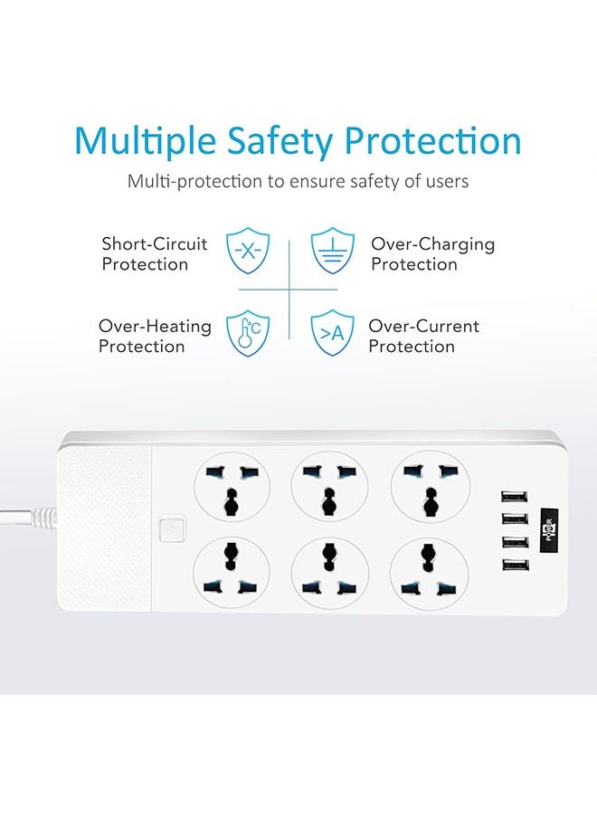 POWER 6 Outlet Power Strip With 4 Usb Ports, 6.5ft Extension Cord, 110-240v, Mountable, 3000w Charging Station For Home & Office (White)  - Image 2