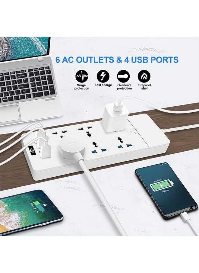 POWER 6 Outlet Power Strip With 4 Usb Ports, 6.5ft Extension Cord, 110-240v, Mountable, 3000w Charging Station For Home & Office (White)  - Image 4