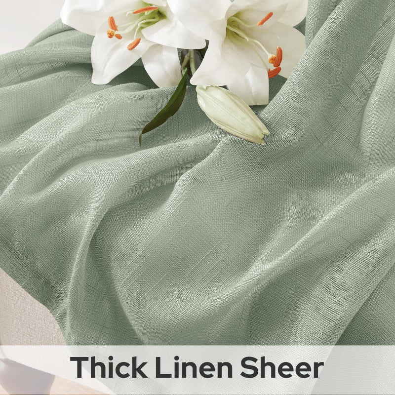 HOMEIDEAS Sage Green Linen Textured Sheer Curtains, 84 Inches Long 2 Panels Semi Sheer Curtains Farmhouse Window Drapes for Bedroom Living Room, 2 Panels, W52 x L84 - Image 2