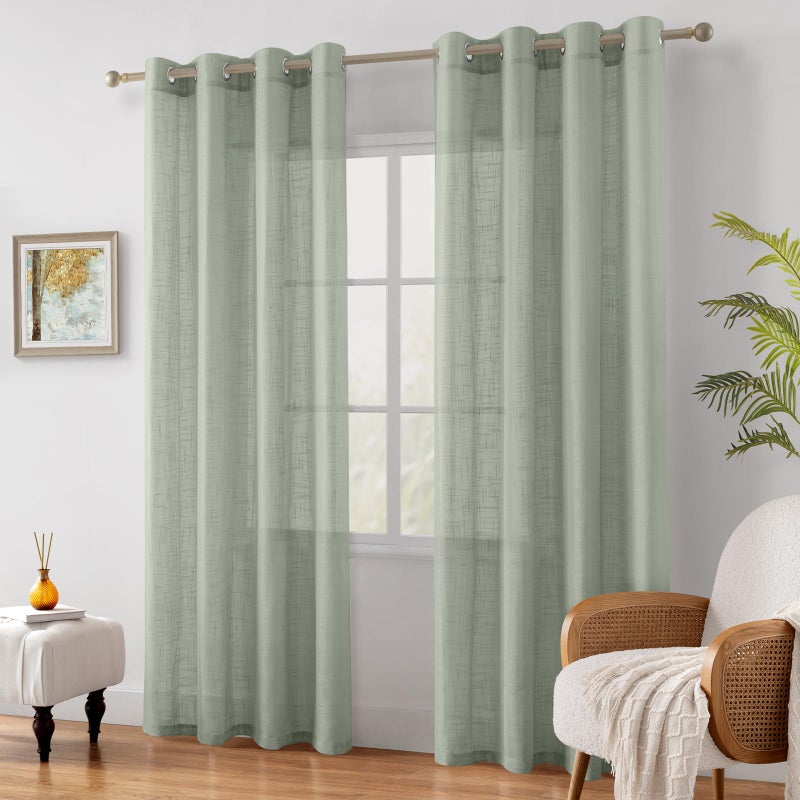 HOMEIDEAS Sage Green Linen Textured Sheer Curtains, 84 Inches Long 2 Panels Semi Sheer Curtains Farmhouse Window Drapes for Bedroom Living Room, 2 Panels, W52 x L84 - Image 4