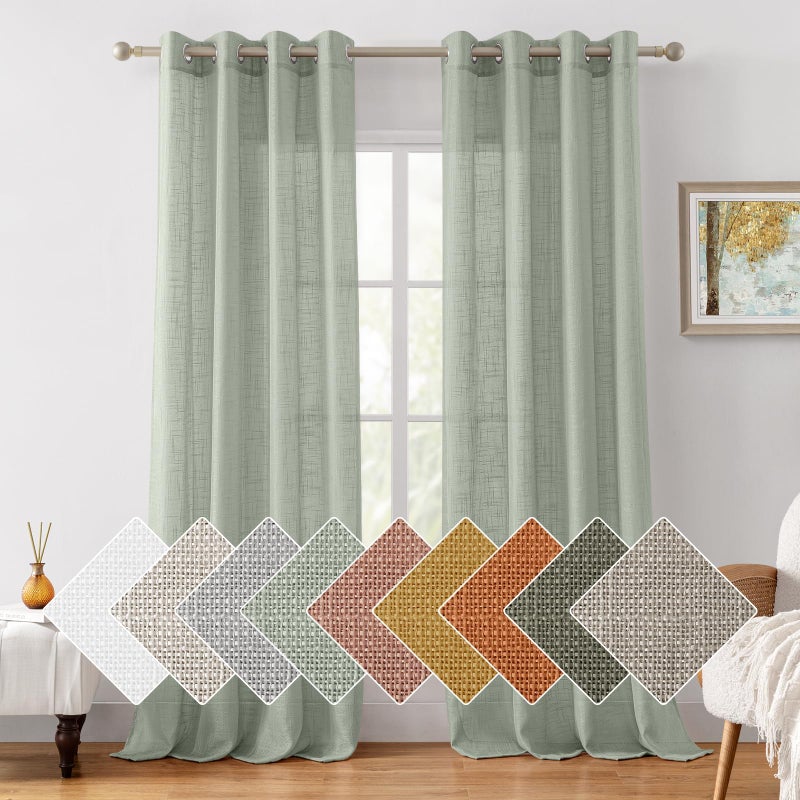 HOMEIDEAS Sage Green Linen Textured Sheer Curtains, 84 Inches Long 2 Panels Semi Sheer Curtains Farmhouse Window Drapes for Bedroom Living Room, 2 Panels, W52 x L84 - Image 1