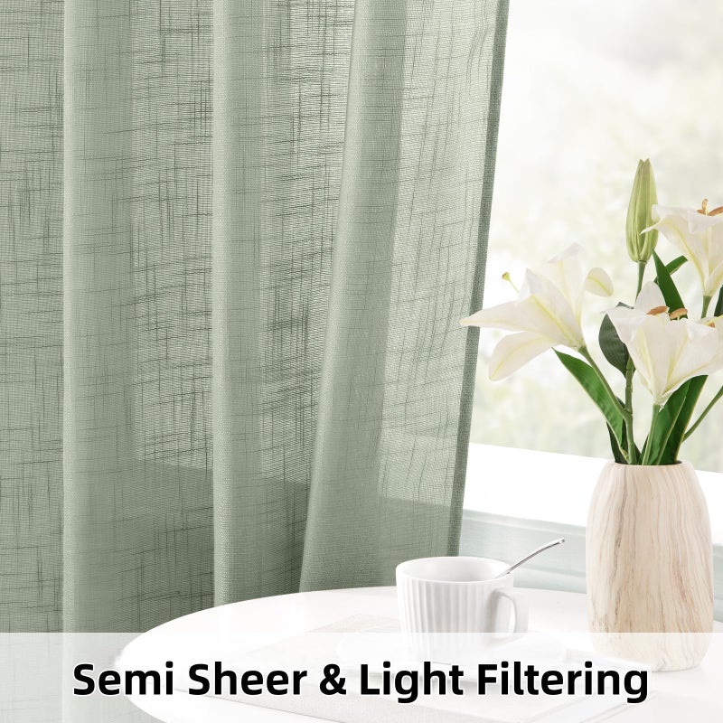 HOMEIDEAS Sage Green Linen Textured Sheer Curtains, 84 Inches Long 2 Panels Semi Sheer Curtains Farmhouse Window Drapes for Bedroom Living Room, 2 Panels, W52 x L84 - Image 5