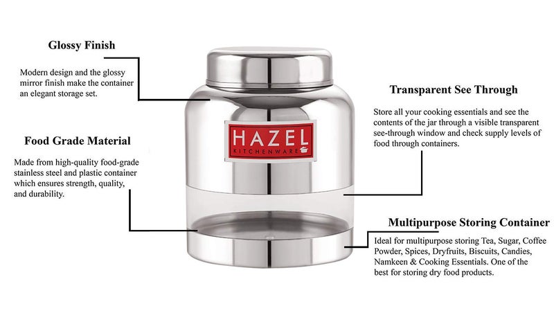 HAZEL Stainless Steel Transparent Container Glossy Finish Airtight See Through Jar Barni, 1500 ML, Silver - Image 4