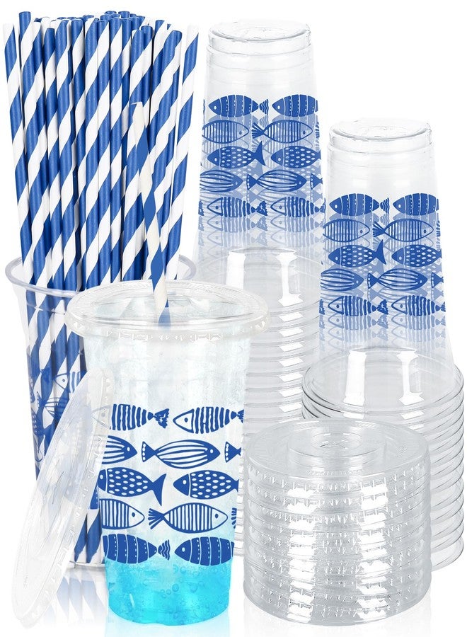 FYSUIMU 50 Pcs Blue Ocean Fish Plastic Cups with Lids and Straws 12oz Clear Drinking Cups Under The Sea Fish Disposable Cup for Summer Birthday Holiday Party Supplies - Image 1