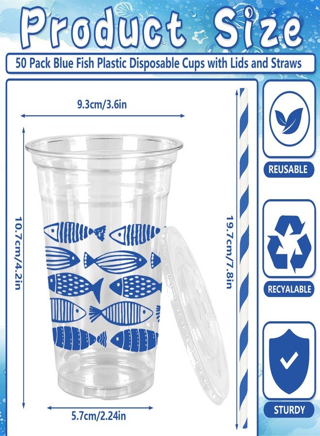 FYSUIMU 50 Pcs Blue Ocean Fish Plastic Cups with Lids and Straws 12oz Clear Drinking Cups Under The Sea Fish Disposable Cup for Summer Birthday Holiday Party Supplies - Image 2