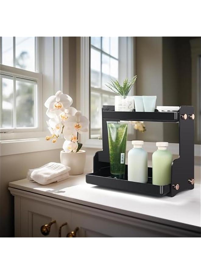 هوكور منظم سطح الحمام من طبقتين من بوكسونج رف لتخزين مستحضرات العناية بالبشرة والمكياج والعطور والتزيين للحمام والمطبخ اسود بولي إيثيلين تيرفثالات مستطيلي - Image 4
