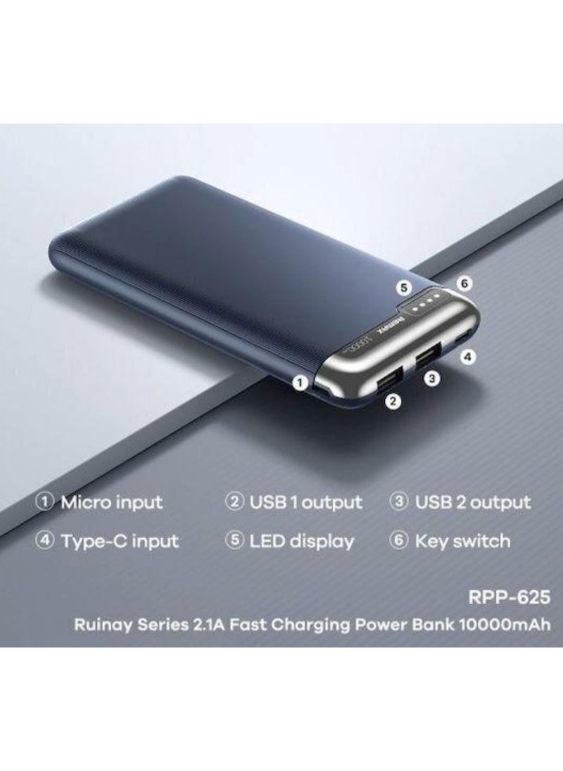 REMAX - High-Capacity 10000mAh Remax RPP-625 Portable Charger – 2.1A Output, LED Indicator, Travel-Friendly - Image 1