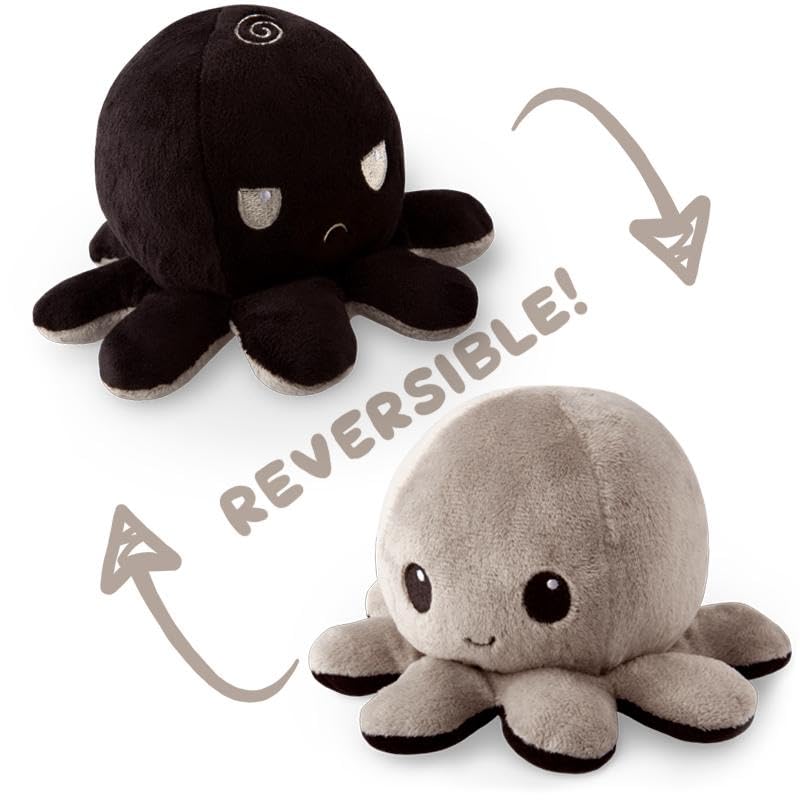 TeeTurtle Reversible Octopus Plushie 4-Inch Black + Gray Two-Sided Flip Plush Toy with Embroidered Details - Cute Mini Collectible Plush for Kids, Teens, and Adults - Image 3