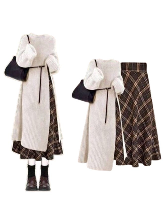 Winter checkered tunic and skirt set in white and brown suede and wool knit, sizes 65-85 kg. - Image 2