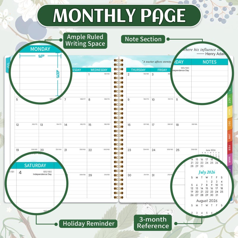 Vondafe Teacher Planner 2026-2027 - Teacher Lesson Planner 2026-2027, 8.3" x 11", Jul.2026 - Jun.2027, Academic Planner, Weekly & Monthly Lesson Plan Book for Teachers with Back pocket, Colorful Tabs - Floral - Image 4
