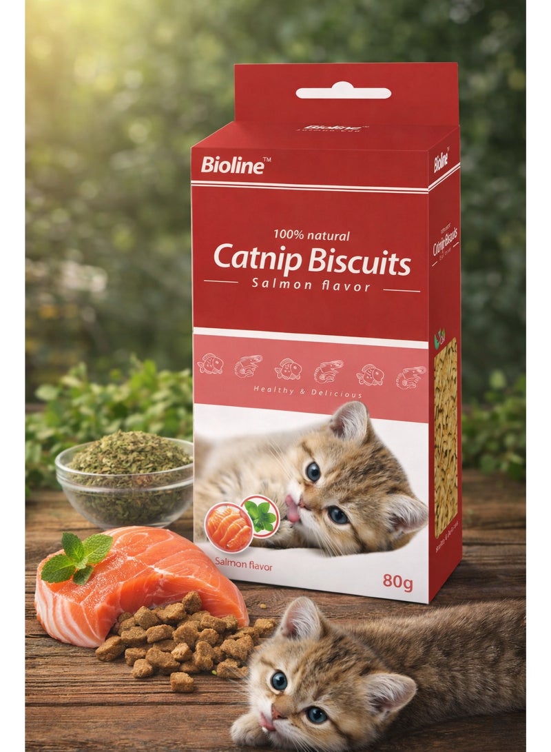 100% Natural Catnip Biscuits Salmon Flavor 80g – Healthy, Delicious Crunchy Dental Treats for Kittens and Adult Cats, Promotes Digestion and Playfulness