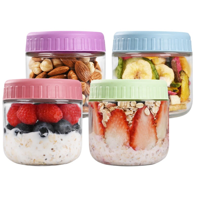 SHOWIN Overnight Oats Containers with Lids, 10oz Glass Jars with Lids 4 pcs, Candy, Wide Mouth Mason jars for Salad, Yogurt, Snacks, Meal Prep - Image 1